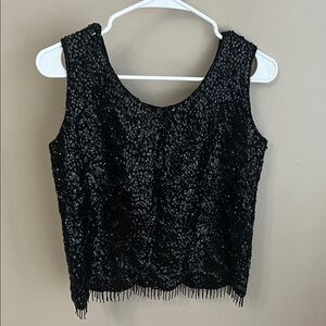 Vintage Black Beaded Sequin Beaded Tank Top Blouse Fringe 100% wool size Large